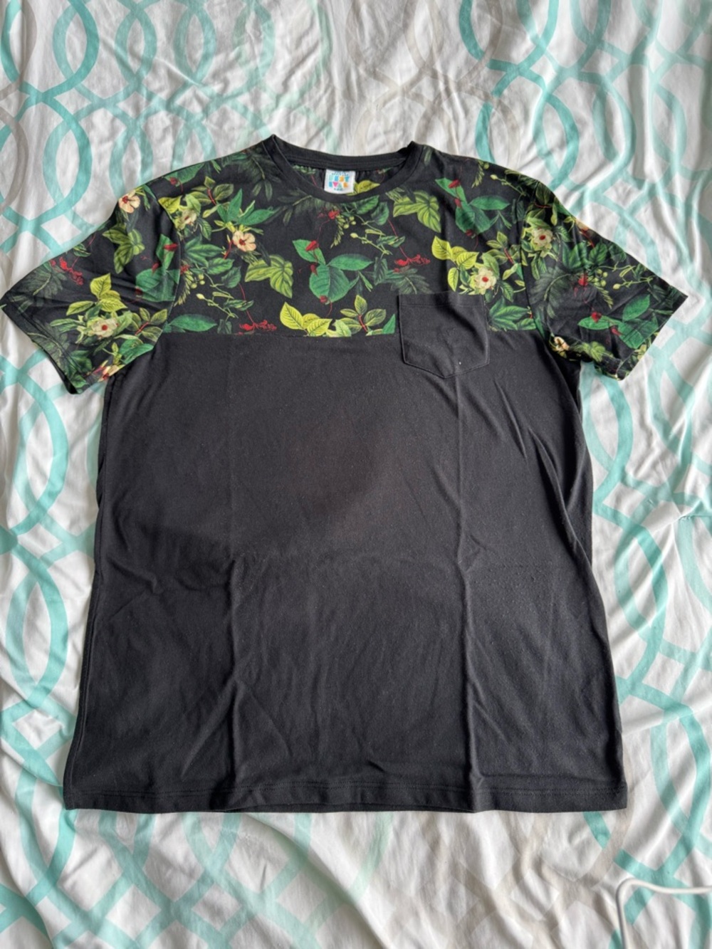 Urban Heritage Black Tee with Green Floral Yoke
